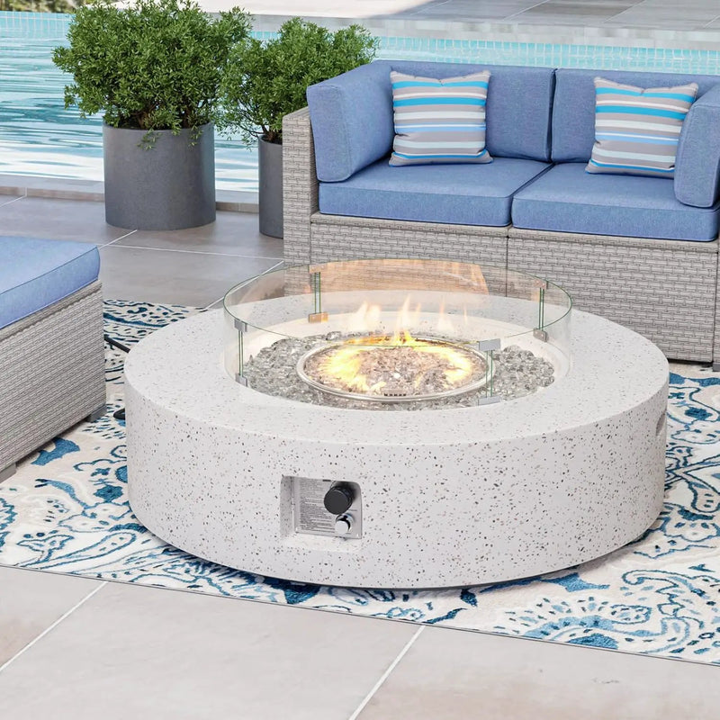 COSIEST Outdoor Propane Fire Pit Coffee Table w Terrazzo White 42 inch Round Base Patio Heater, CSA Certified, 50,000 BTU Stainless Steel Burner, Wind Guard, Transparent Gray Fire Glass, Rain Cover by GreenHaven Gardens
