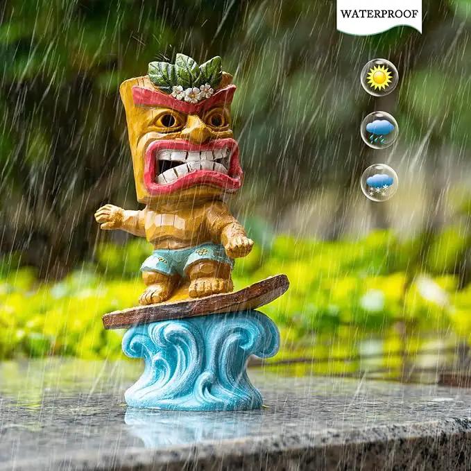 Solar Tiki Statue Outdoor Decor-Tiki Bar Decor-Garden Tiki Surfing Statues Waterproof Decoration Figurine for Tiki Bar,Patio,Balcony,Yard,Lawn,Table,Desk 9.92 Inches Tall by GreenHaven Gardens