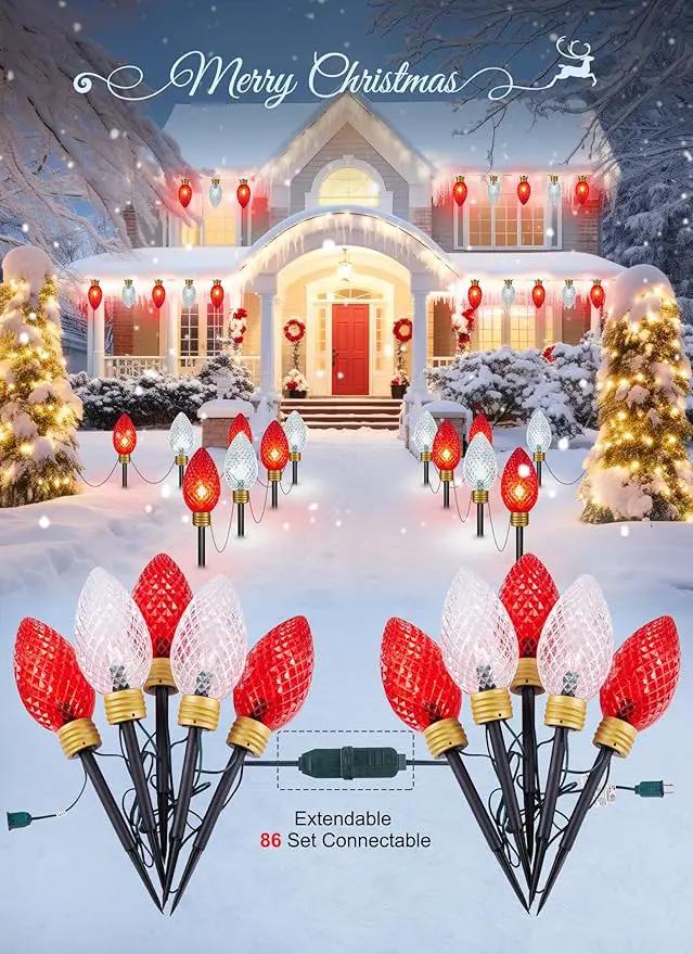 Brightown Strawberry Super Jumbo C9 Christmas Pathway Lights Outdoor - 11 Feet 5 LED Jumbo C9 Pathway Lights, Giant Christmas Lights Outdoor Decorations for Lawn Holiday Yard Outside, Red & White by GreenHaven Gardens