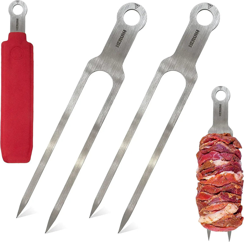 Double Skewers 14.4" Stainless Steel Heavy Duty Double Prong Skewers for BBQ Kabob Shawarma Meat Fish Chicken Gift for Valentine Accessories for Grill Master Arsenal - 2 Units (Silver and red) by GreenHaven Gardens