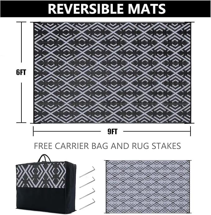 Outdoor Plastic Straw Rug, Waterproof Outdoor Rugs for Patios Clearance, Reversible Area Rug, Large Outside Carpet for Camping, Balcony, RV, Deck, Picnic, Beach (6x9ft Boho/Black&Grey) by GreenHaven Gardens