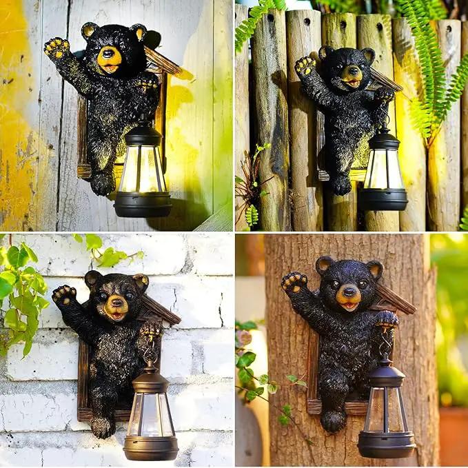 Black Bear Decor with Solar Lantern Tree Hugger - 7 Inch Bear Statue Outdoor Garden Yard Decor,Best Bear Garden Gifts for Mom,Women by GreenHaven Gardens