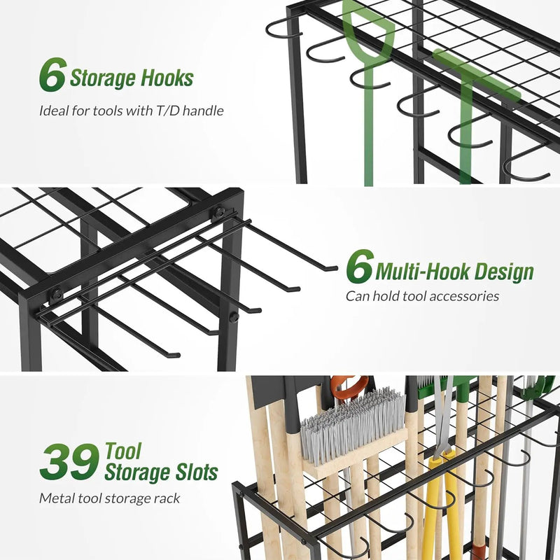 Garden Tool Organizer Rack with Wheels Up to 39 Tools, Heavy-Duty Steel Yard Tool Organizer for Garage Storage with 12 Hooks, Broom Holder & Garden Tool Rack for Shed, Patio, Outdoor Use, Black by GreenHaven Gardens