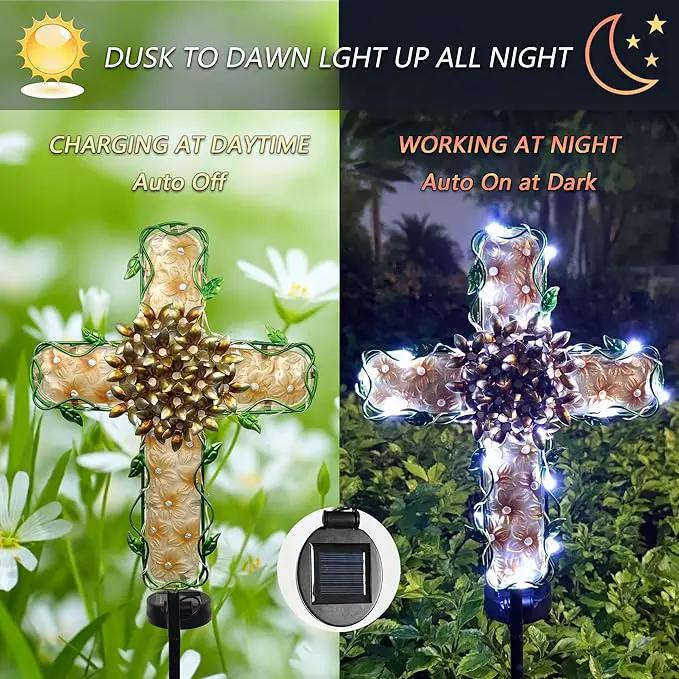 38inch Solar Cross Garden Lights Outdoor Decorative - Solar Metal&Glass Cross Apricot Hydrangea Flower Stake Lights- Waterproof 20 White LED for Remembrance Gifts & Sympathy Gifts by GreenHaven Gardens