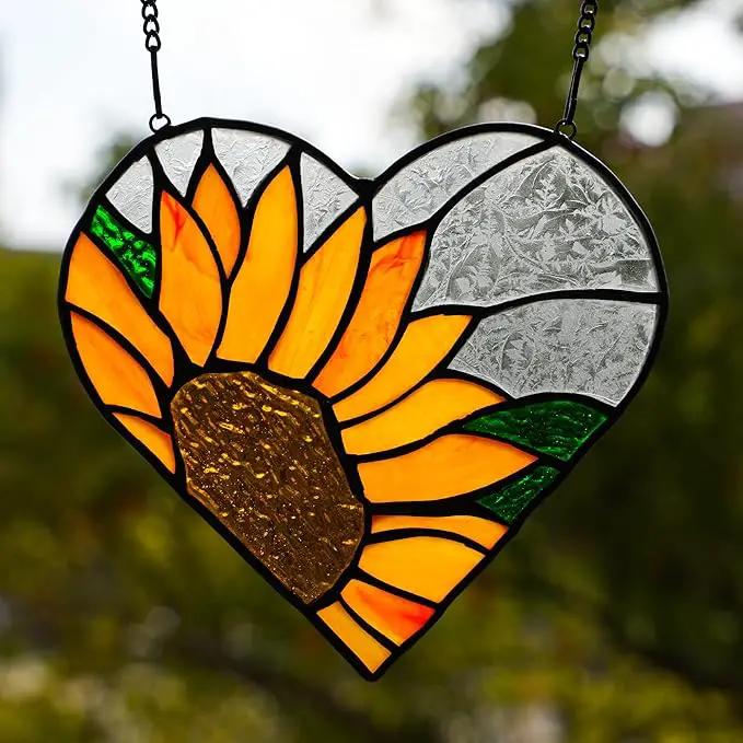 BOXCASA Sunflower Stained Glass Window Hangings,Sunflower Stained Glass Suncatcher,Heart Shape Sunflower Best Teacher Gifts for Women Birthday,Sunflower Decoration for Home Indoor Window by GreenHaven Gardens