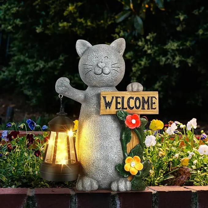Solar Cat Statue with Solar Lantern-Outdoor Garden Décor, LED Lighted Kitty Figurine for Patio, Lawn,Yard-Valentine's Day, Birthday Gifts for Mom,Grandma,Cat Lovers by GreenHaven Gardens