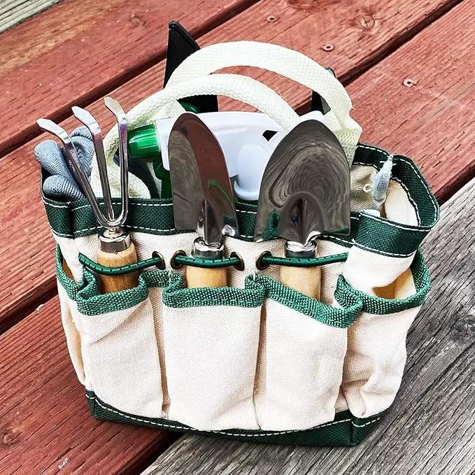 RyKing Small Garden Tool Set, 8 Piece Gardening Balcony Mini Kit Bag, Trowel Transplanter Hand Rake Pruner Snips Shovel Gloves Watering Spray, Stainless Steel Wooden Handles, Gift for Woman Men Kids by GreenHaven Gardens