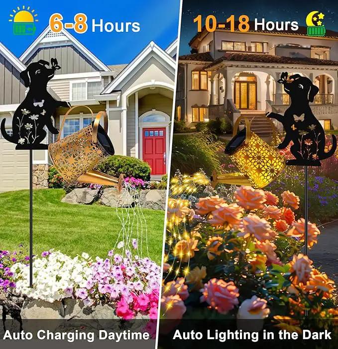 Solar Lights Outdoor Decorative, Watering Can with Cascading Lights, with Dog Silhouette Garden Stakes, Waterproof Metal Garden Decor for Yard Art, Outside, Patio, Lawn Ornaments by GreenHaven Gardens
