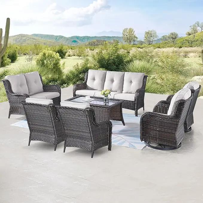 Outdoor Wicker Furniture Patio Set - 7 Piece Backyard Furniture Brown Rattan Conversation Sets with Swivel Rocker Chairs, Rattan Sofa, Club Chairs and Coffee Table, Beige Cushion by GreenHaven Gardens