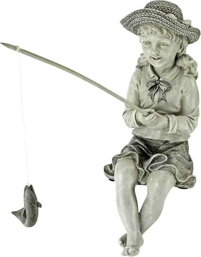 Design Toscano Big Catch Fisherwoman Nellie Girl with Fishing Pole Garden Statue, Small 11 Inch Tall, Cast Stone Resin, Two Tone Stone Finish by GreenHaven Gardens