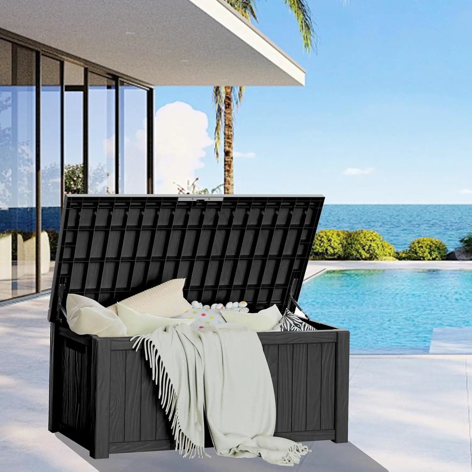 150GAL Black Large - Capacity Outdoor Deck Box with Lockable Compartment – Waterproof, SGS - Shielded UV Resistance, Ideal for Storing Large Patio Furniture Sets & Seasonal Decor by GreenHaven Gardens