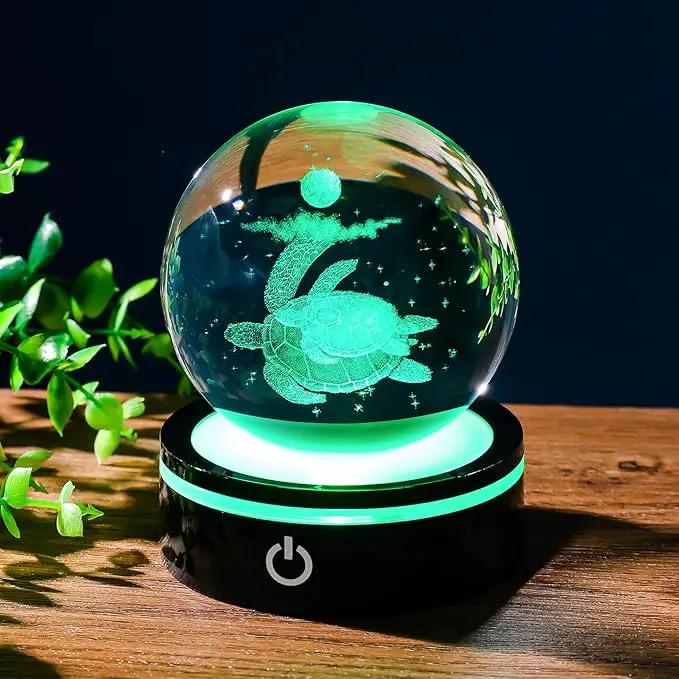 YWHL 3D Sea Turtle Crystal Ball Figurine with LED Base Laser Sea Turtle Gifts for Women Men on Christmas Birthday Decorative Turtle Ball Sea Turtle Glass Globe Night Light for Home Decor (80mm) by GreenHaven Gardens