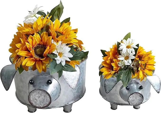 Galvanized Metal Pig Succulent Planter Farmhouse Pig Shaped Bowl Metal Pig Tray Rustic Decor Set of 2 by GreenHaven Gardens