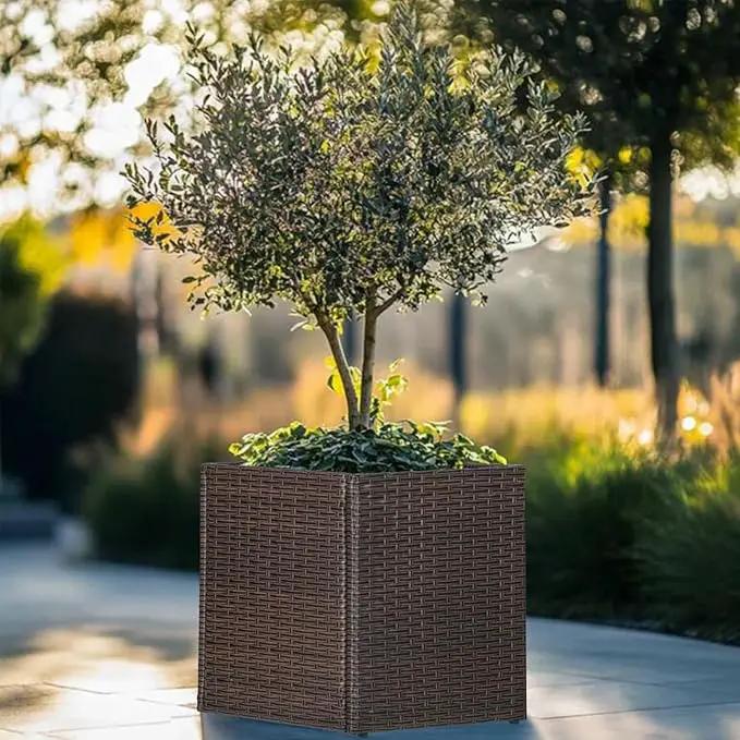LEWIS&WAYNE Large Square Planter Box Handmade Wicker Tall Planters for Outdoor Plants with Removable Liners Modern Planter for Indoor Outdoor Garden Patio Front Porch - Brown, 17''x17''x18'' by GreenHaven Gardens