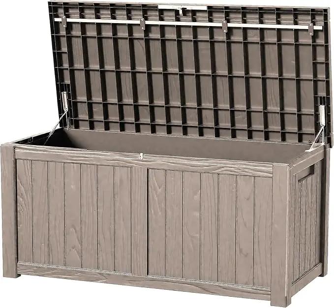 120 Outdoor Storage Box, Waterproof Resin Deck Box for Indoor & Outdoor Use, Lockable Storage Bench with Piston Hinge, Storage Bin for Patio Cushions, Garden Tools, Package Delivery, Grey by GreenHaven Gardens