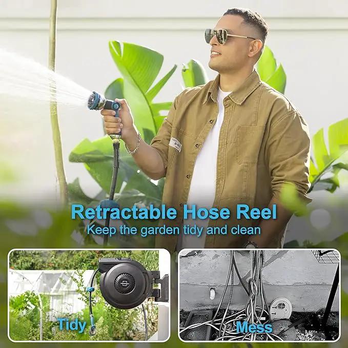 Retractable Garden Hose Reel - 5/8 inch x 90 ft Wall Mounted Hose Reel with 10 Pattern Nozzle & Any Length Lock, Heavy Duty Water Hose Supports Automatic Rewind & 180° Swivel, Black by GreenHaven Gardens