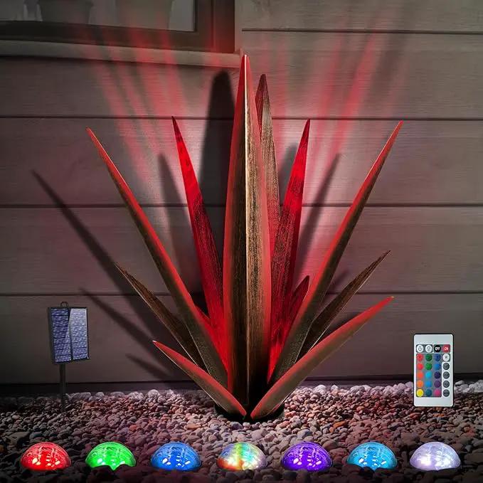 Large Tequila Rustic Sculpture, Rustic Metal Agave Plants for Outdoor Patio Yard, Home Decor Hand Painted Metal Agave Garden Yard Statue, Outdoor Lawn Ornaments (Red - L (W/Solar Light)) by GreenHaven Gardens