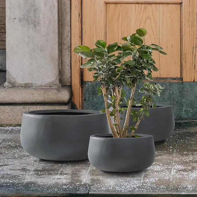 Kante 19.6",15.7",11.8" Dia Round Concrete Planters Set of 3, Outdoor Indoor Garden Plant Pots with Drainage Hole and Rubber Plug, Modern Curvaceous Design, Charcoal by GreenHaven Gardens
