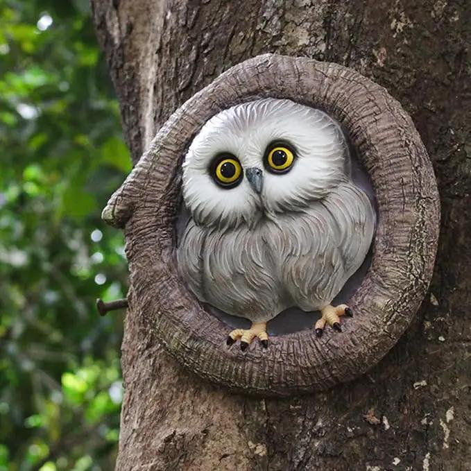 Baby Owl Resin Tree Face, Owlet Tree Hugger, Outdoor Sculpture for Tree Decorations, Whimsical Owl Garden Ornament, Tree Statue Peeker, Patio Yard Lawn Porch Decor, Durable & Waterproof Garden Present by GreenHaven Gardens