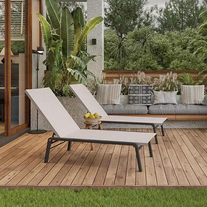 Patio Chaise Lounge Set of 2 with 4 Adjustable Backrest, Foldable Aluminum Chaise Lounge Chair Recliner for Outdoor, Poolside, Sun Tanning Beige by GreenHaven Gardens