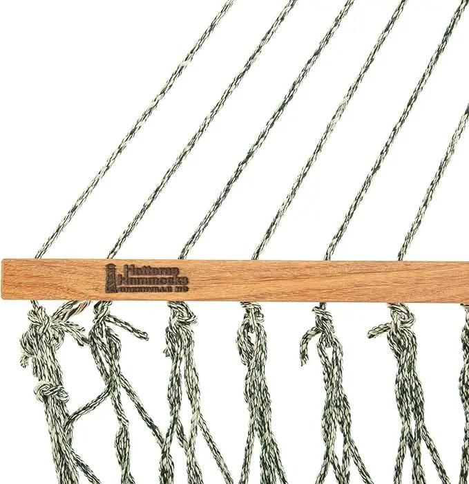 Hatteras Hammocks Deluxe Green Oatmeal Heirloom Tweed DuraCord Rope Hammock – 13 ft. x 60 in., 2-Person, 450 lb Capacity, Cumaru Spreader Bar, Zinc-Plated Hardware – Handcrafted in The USA by GreenHaven Gardens