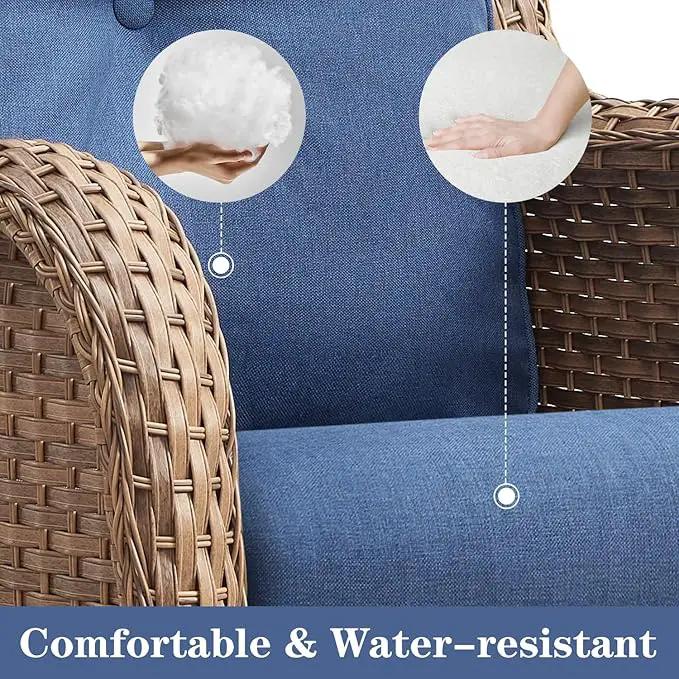 Wicker Outdoor Furniture Patio Furniture Set - 6 Piece Patio Conversation Set with Swivel Rocker Chairs, Rattan Sofa, Ottomans and Coffee Table, Blue Cushion by GreenHaven Gardens