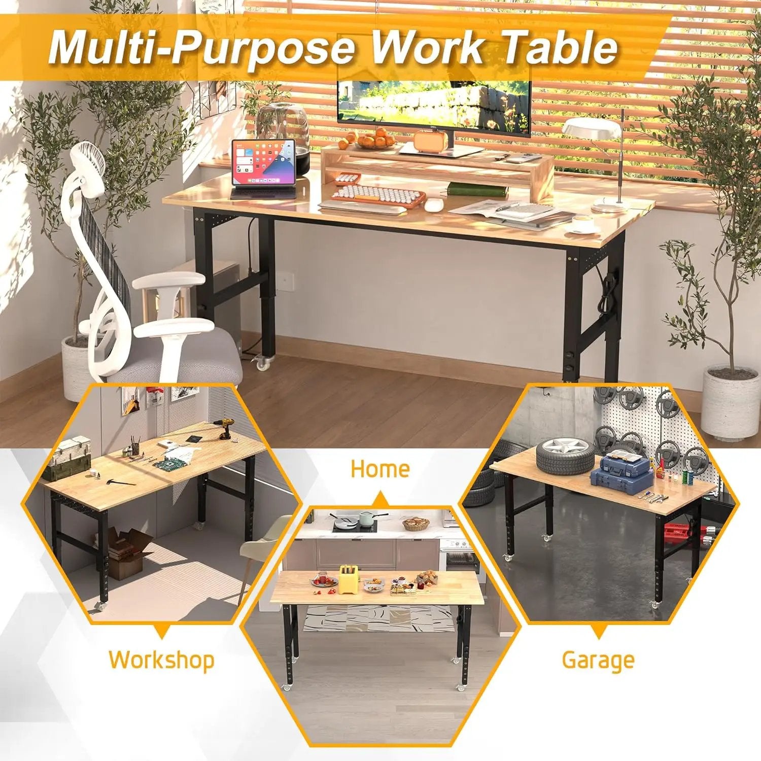 70’’ Work Bench Adjustable Workbench Heavy Duty Work Table with Power outlets, Pegboard, Wheels and Foot Pads, 2000 Lbs Capacity Hardwood Work Benches for Garage, Workshop, Office, Home by GreenHaven Gardens
