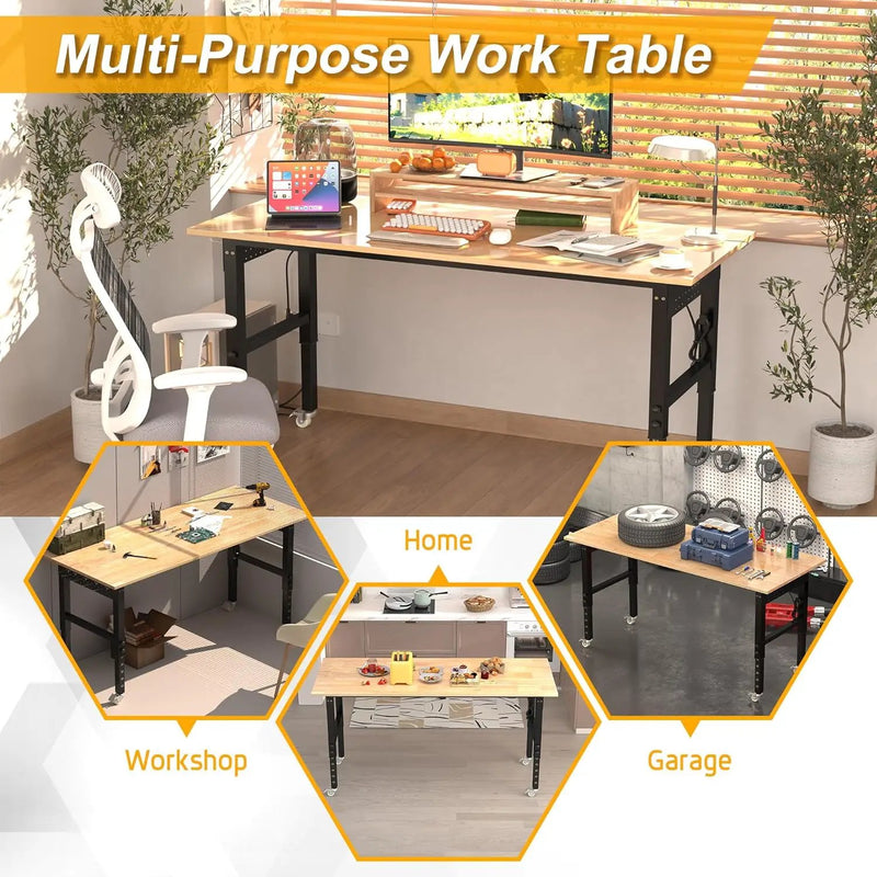 70’’ Work Bench Adjustable Workbench Heavy Duty Work Table with Power outlets, Pegboard, Wheels and Foot Pads, 2000 Lbs Capacity Hardwood Work Benches for Garage, Workshop, Office, Home by GreenHaven Gardens