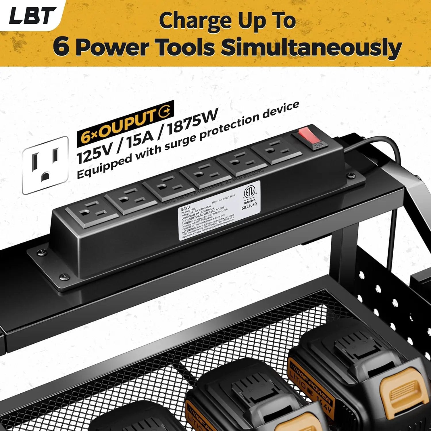 LBT Large Power Tool Organizer Wall Mount with Charging Station, 8 Drill Holder, 4 Layer Heavy Duty Metal Tool Storage Rack, 6 Power Strip, 8 Hooks, 2 Screw Boxes, Cool Gifts for Him Fathers Day by GreenHaven Gardens