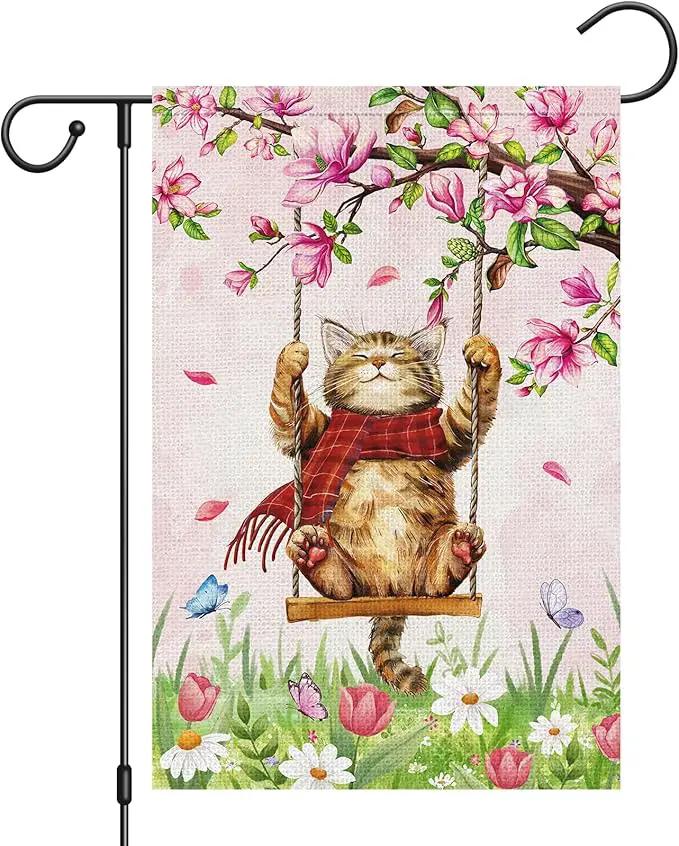 Heyfibro Spring Cute Cat Welcome Garden Flag 12x18 Inch Double Sided Burlap Butterfly Floral Yard Flag for Seasonal Holiday Farmhouse Outdoor Decor(ONLY FLAG) by GreenHaven Gardens