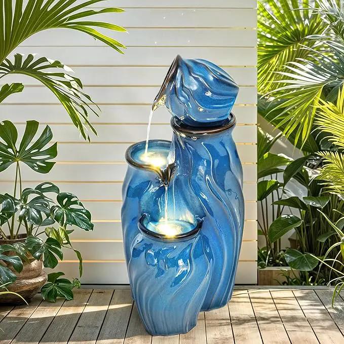 29" Tall Ceramic Outdoor Water Fountain with LED Lights, 4-Tier Cascading Jars Water Feature, Tranquil Waterfall for Relaxing Garden, Patio, Yard, or Porch, Turquoise, Dynamic Wave-Texture by GreenHaven Gardens