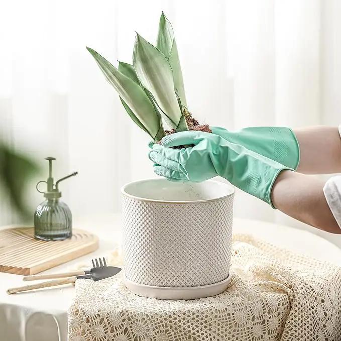 8 Inch Plant Pots: Ceramic Planter with Drainage Hole & Saucer - Flowerpot for Indoor & Outdoor Plants - Beaded Embossed Design White - with Separate Tray by GreenHaven Gardens