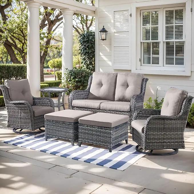 Outdoor Wicker Patio Furniture Set - 6 Piece Rattan Patio Conversation Set with 2 Rocking Swivel Chairs,2 Ottomans,1 Loveseat and 1 Side Table for Porch Deck Backyard Garden(Mixed Grey/Grey) by GreenHaven Gardens