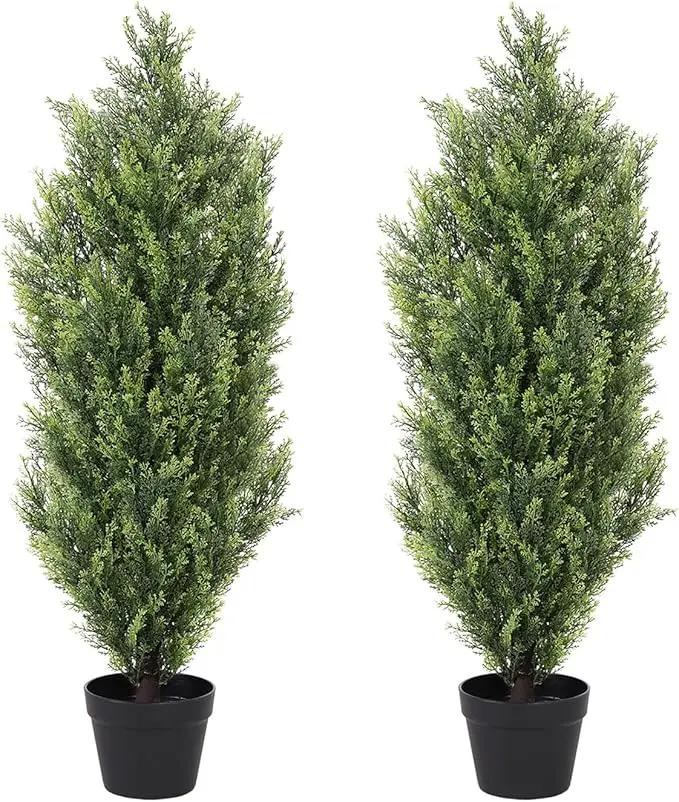 THE BLOOM TIMES 3ft Topiary Trees Artificial Outdoor 2 Pack – UV Resistant Faux Cedar Pine Cypress Bushes and Shrubs, Fake Potted Plants for Front Porch Outside Planter Patio Decor, Set of 2 (3 Foot) by GreenHaven Gardens