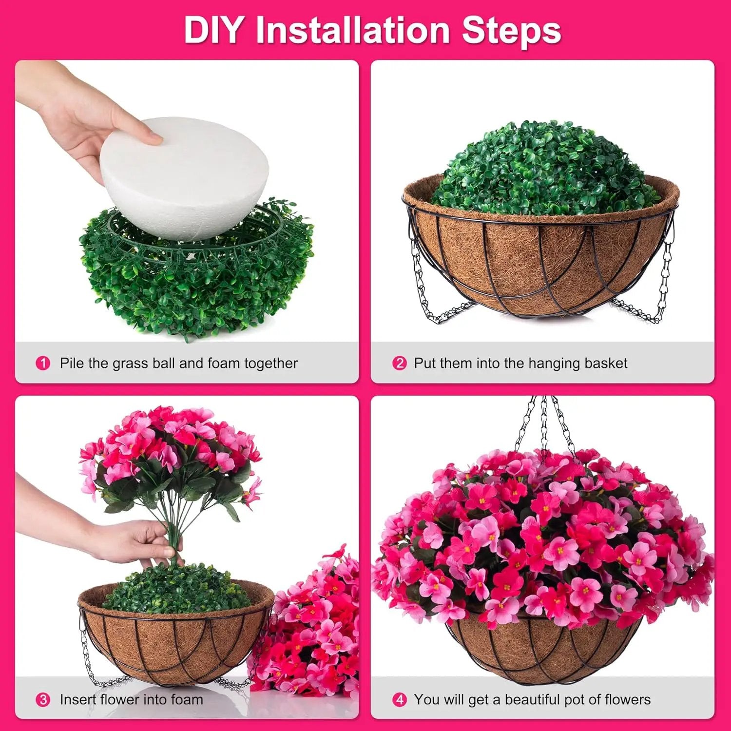 Artificial Hanging Flowers with 12" Basket for Outdoor Decor, Fake Hydrangea UV Resistant Arrangements in Pot Indoor Porch Garden Yard Spring Summer Decor(Double Rose) by GreenHaven Gardens