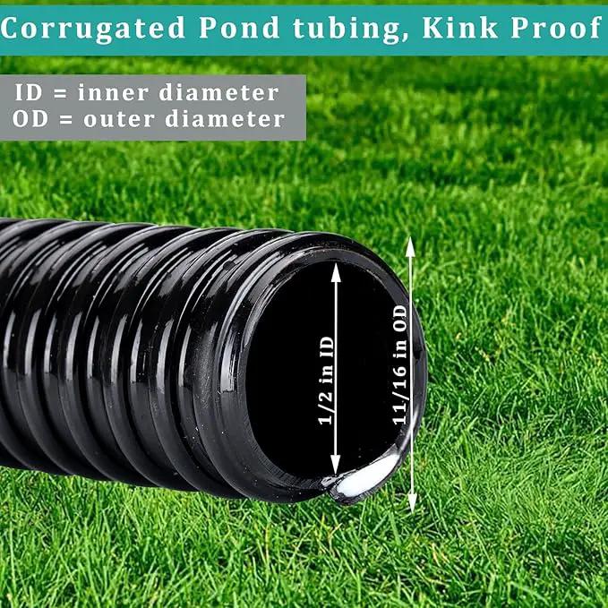 Pond Hose ID 1/2” × 10ft Black Corrugated Flexible Reinforced PVC Hose Vinyl Tubing for Pond Pump Fountain Garden Waterfall, Non-toxic & Kinkproof, with 2 clamps by GreenHaven Gardens