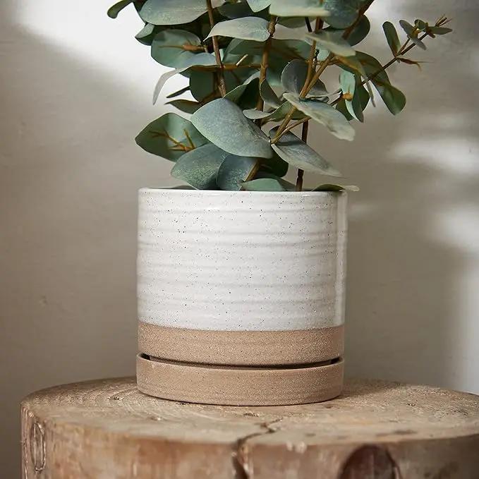 6 Inch Plant Pots, Ceramic Planter Pot with Drainage Hole & Saucer, Indoor/Outdoor Cylinder Round Planter Pot, White & Beige Glaze by GreenHaven Gardens