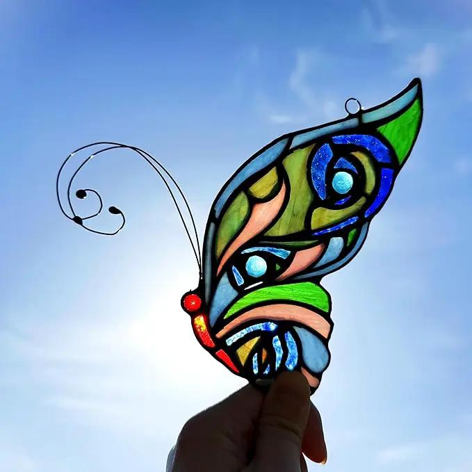 Stained Glass Window Hangings Butterfly Tiffany Style Butterfly Suncatcher for Window Hanging Suncatchers Handcrafted Ornament (Green&Blue) by GreenHaven Gardens