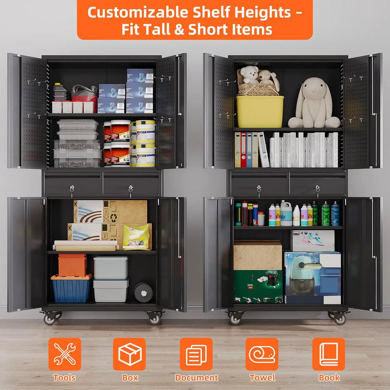 Aobabo Metal Storage Cabinet with Wheels and 2 Locking Drawers, Steel Rolling Tool Cabinet with 8 Hooks and 2 Adjustable Shelves for Garage, Home, Office, Kitchen, Assembly Required, Black by GreenHaven Gardens