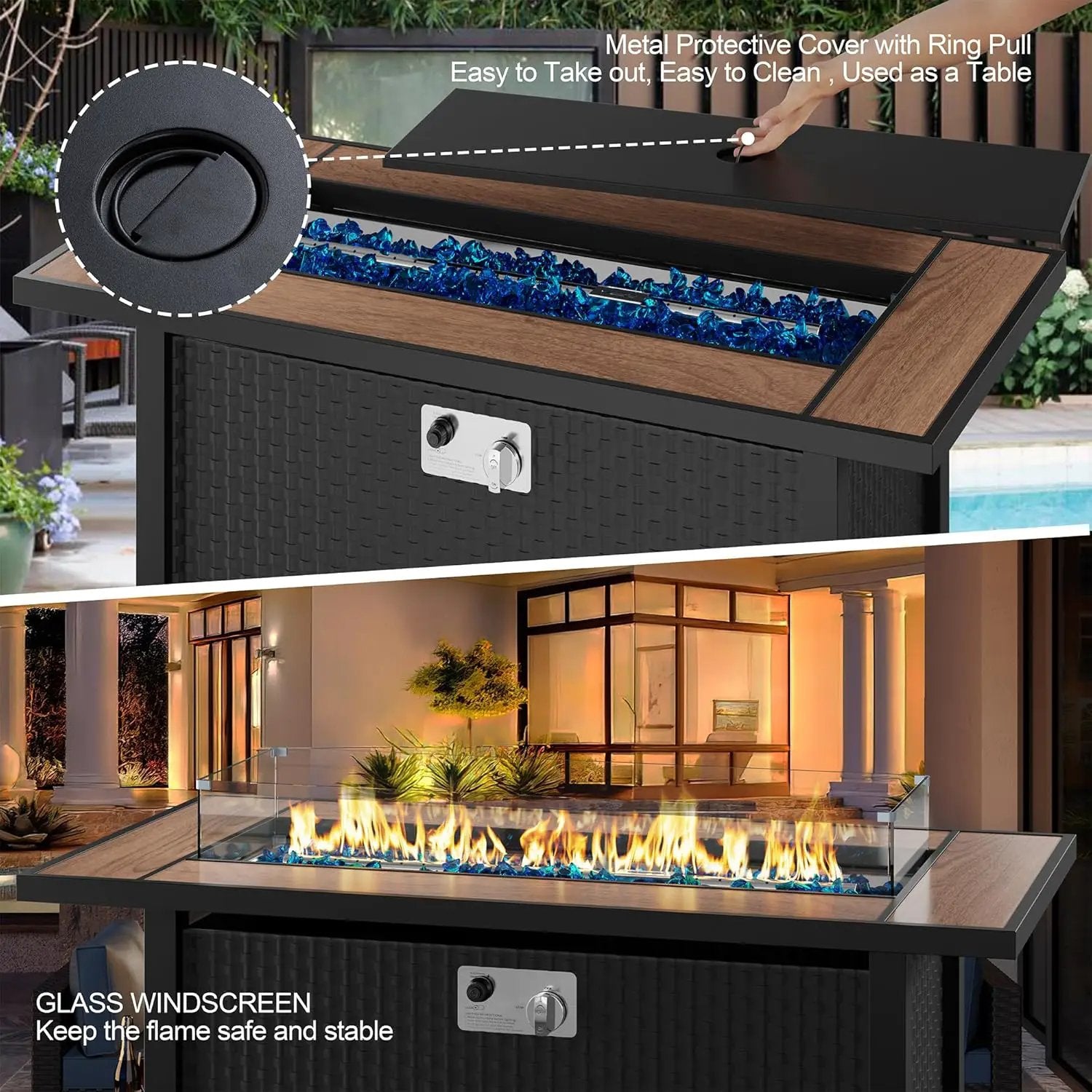 45 inch Outdoor Propane Fire Pit 50,000 BTU Gas Fire Pit Table with Walnut Tabletop, Glass Wind Guard, Waterproof Cover, Rectangle Gas Firepit Table for Garden/Patio,CSA Certification by GreenHaven Gardens