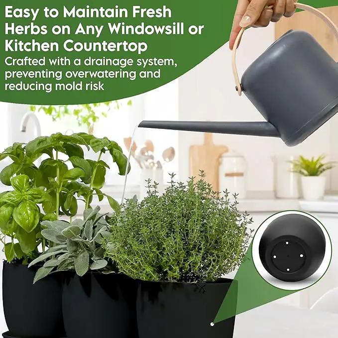 Indoor Garden Kit - Plant Pots with Drainage, Watering Can & Tools - Ideal Windowsill Planter Set - Modern Home & Kitchen Decor Gift - Black by GreenHaven Gardens