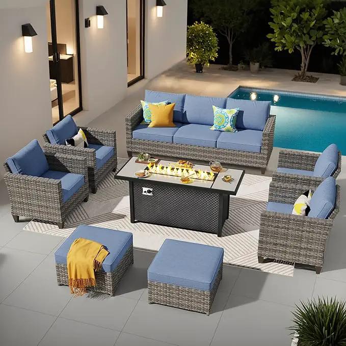 ovios 8 Pieces Patio Furniture Set with 54" Fire Pit Table, Outdoor Wicker Sofa with Comfy Cushions, All Weather High Back Rattan Couch Conversation Set, Denim Blue by GreenHaven Gardens