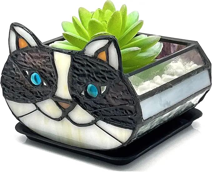 Cactus Black Cat Planter, Cute Small Stained Glass Cat Planter，Cat Terrarium Planter for Tabletop Houseplants，Gifts for Cat Lovers 4.33x3.54x2.95 in (Flower Pot Does not Include Plants) by GreenHaven Gardens