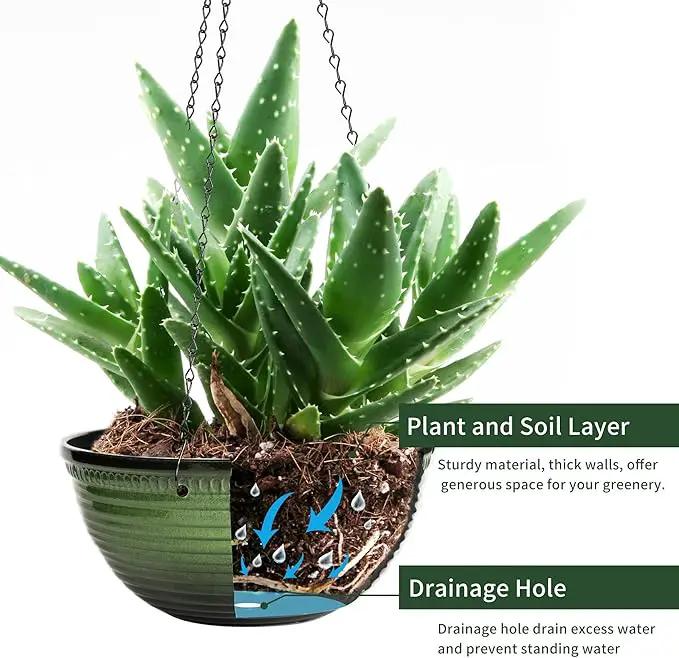 12 inch Hanging Planters for Indoor Outdoor Plants, 2 Pack Large Hanging Flower Pots with Drainage Holes and Chain, Glazed Hanging Baskets for Home Garden Decoration, Green by GreenHaven Gardens