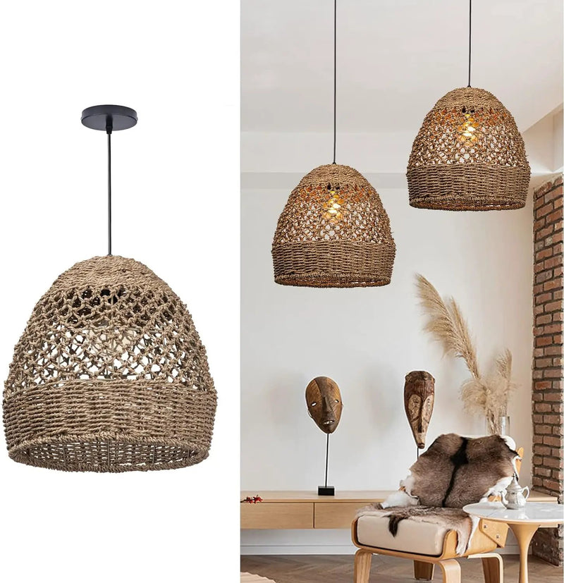 Arturesthome Woven Pendant Light, Modern Boho Hanging Lamp with Handwoven Rattan Shade, Farmhouse Coastal Pendant Light Fixtures for Kitchen Island, Dining Room, Bar, Foyer Hallway D 13.7in by GreenHaven Gardens
