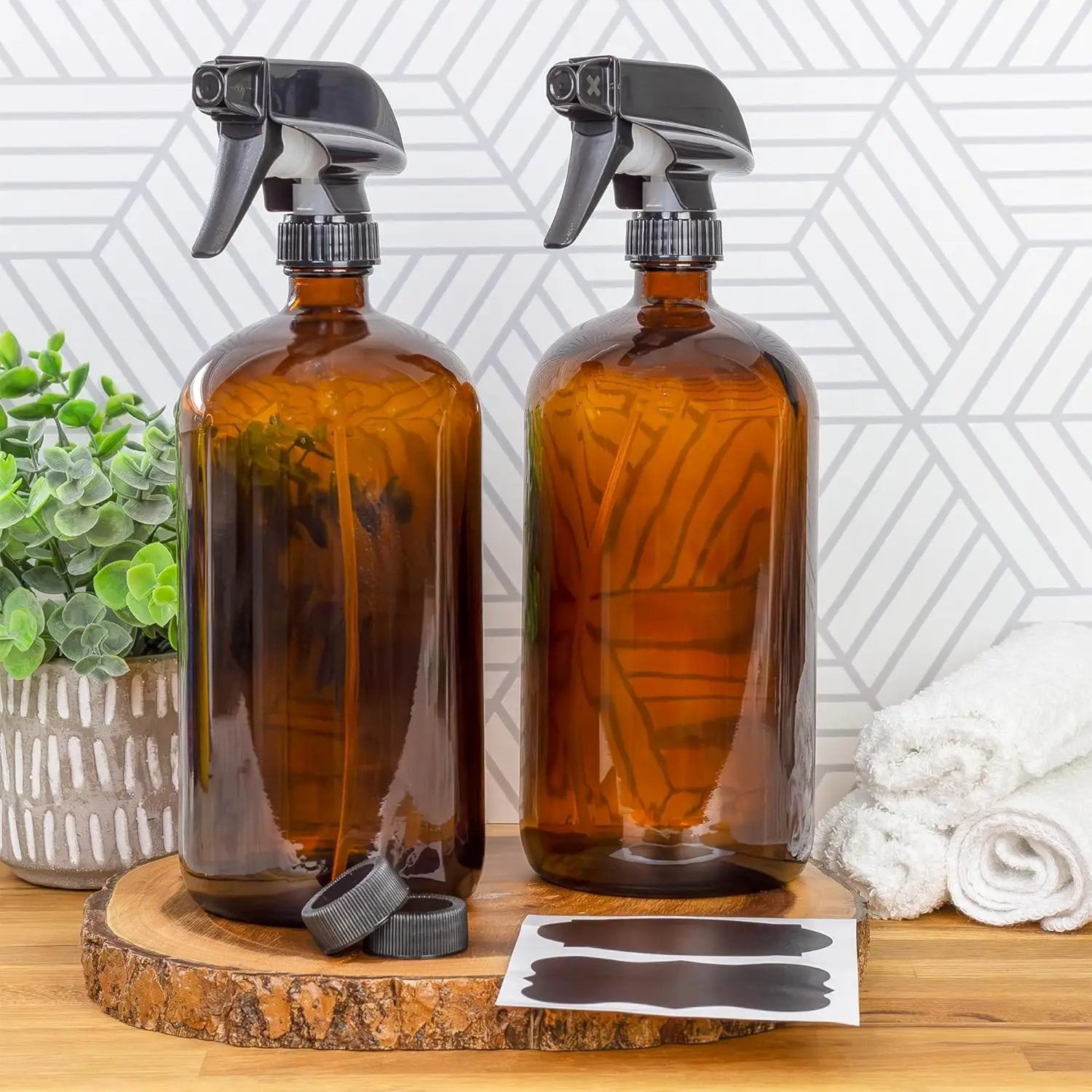 Cornucopia 32oz Amber Glass Spray Bottles (2-Pack); Brown Bottles w/ 3-Setting Trigger Sprayers; Includes Caps for Storage by GreenHaven Gardens