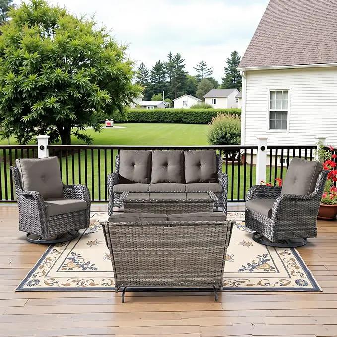 5 Piece Outdoor Patio Furniture Set - Outdoor Conversation Couch and Loveseat Glider Chair Furniture Set with Rattan Coffee Table for Deck Balcony Poolside Gray Wicker/Grey Cushions by GreenHaven Gardens