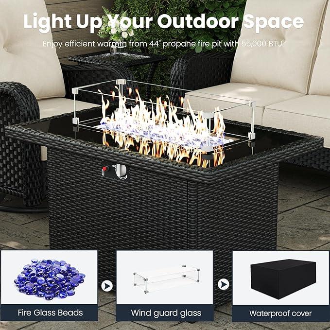 5 Pieces Outdoor Patio Furniture Sets with Rocking Swivel Chairs with 6-inch Thick Cushion and Fire Pit Table for Deck Lawn by GreenHaven Gardens