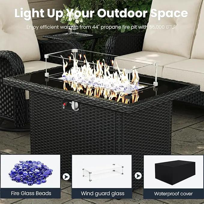 8 Pieces Outdoor Patio Furniture Sets with Rocking Swivel Chairs with 6-inch Thick Cushion and Fire Pit Table for Deck Lawn by GreenHaven Gardens