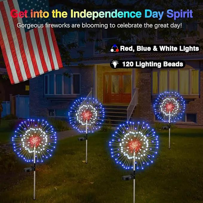 4th of July Firework Solar Garden Lights, Red Blue White Solar Firework Lights with 120 LED 2 Lighting Modes, Outdoor Waterproof Yard Lighting for Independence Day Memorial Day Decor, 4 Pack by GreenHaven Gardens